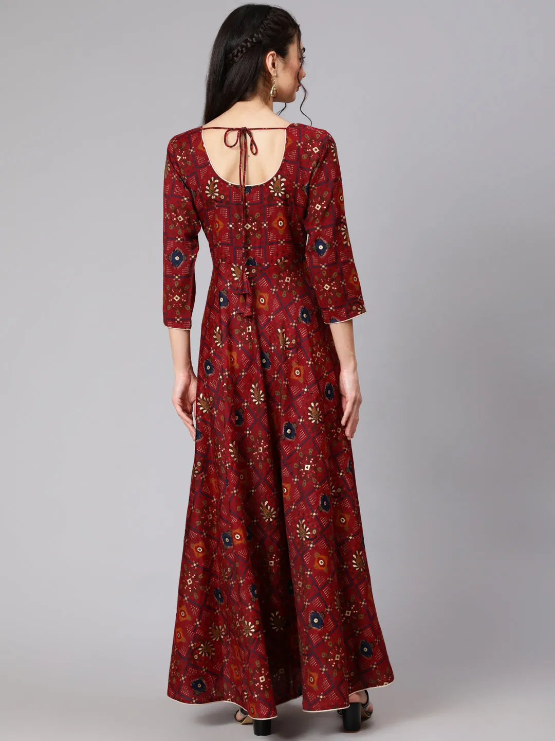 Women Maroon Ethnic Printed Flared Angrakha Dress