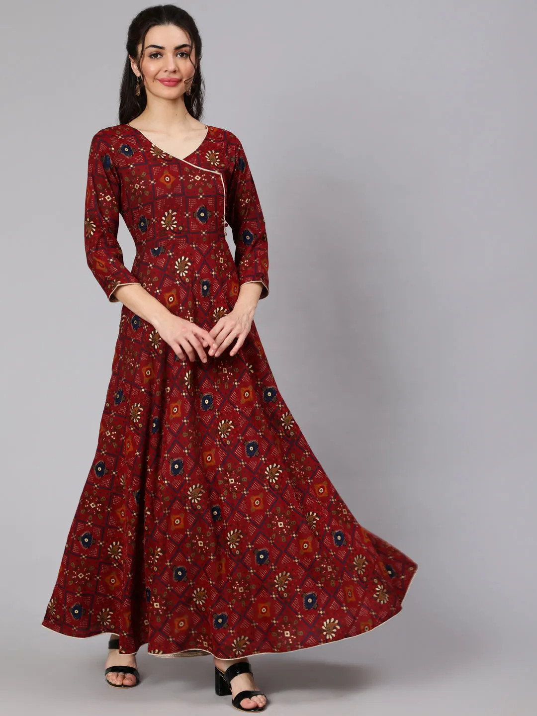 Women Maroon Ethnic Printed Flared Angrakha Dress