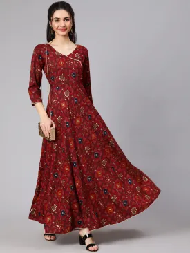 Women Maroon Ethnic Printed Flared Angrakha Dress