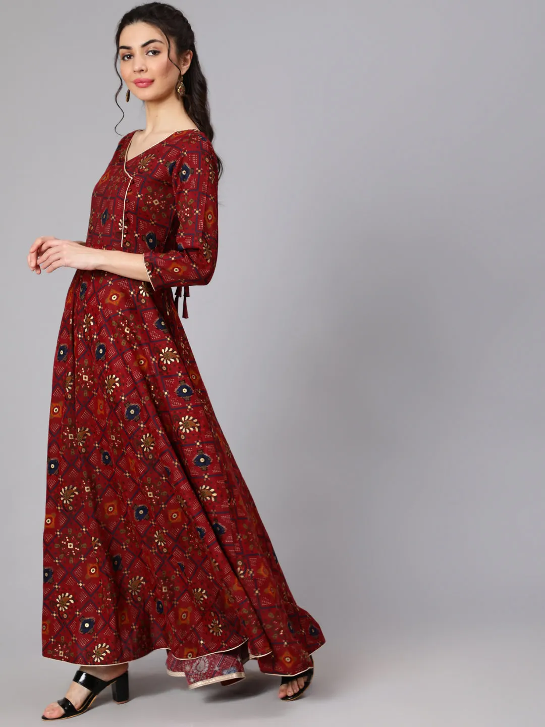 Women Maroon Ethnic Printed Flared Angrakha Dress