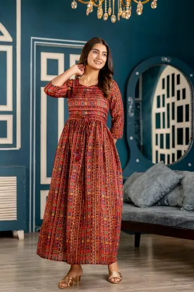 Women Maroon Ethnic Printed Flared Dress