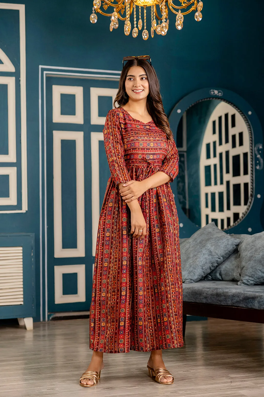 Women Maroon Ethnic Printed Flared Dress