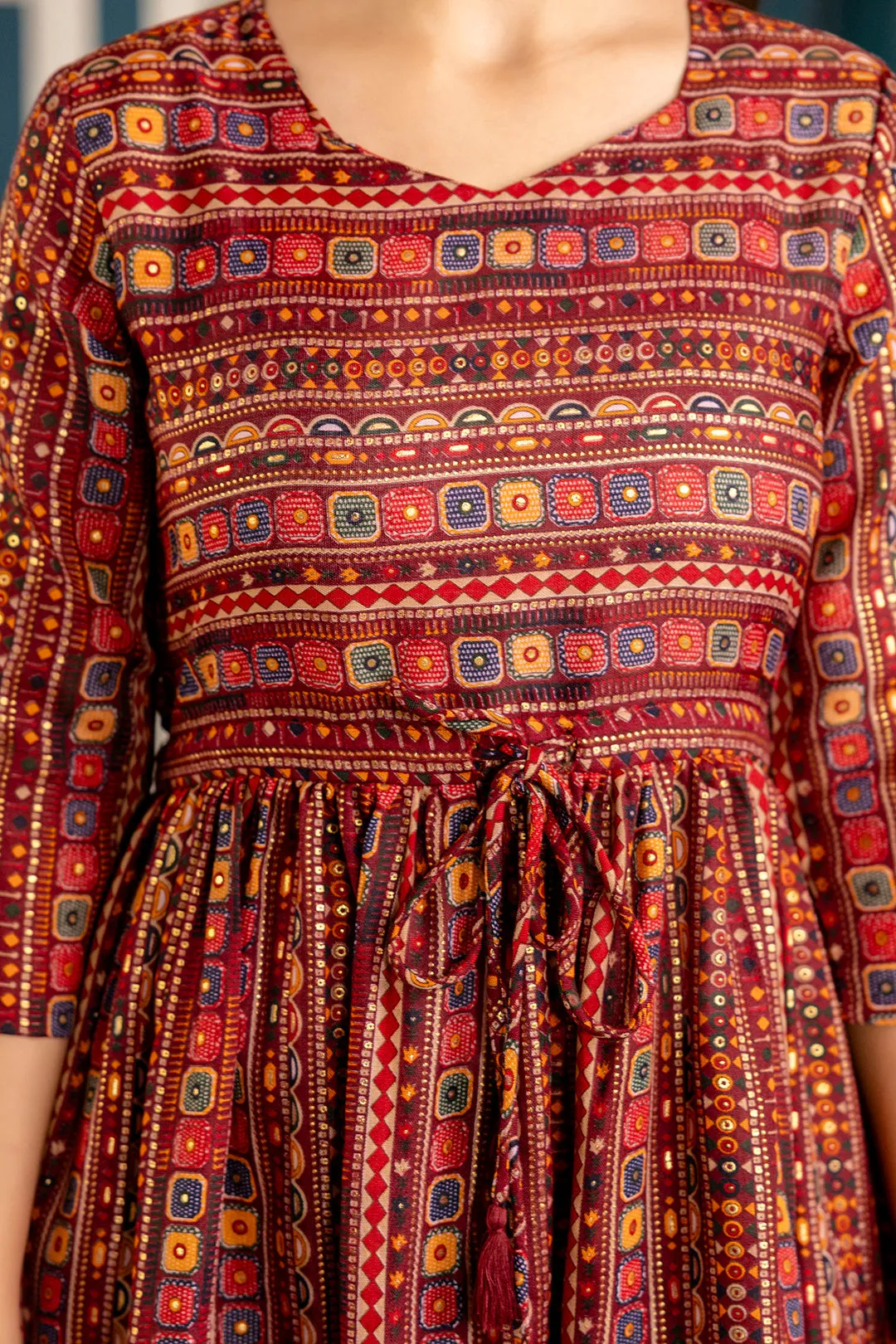 Women Maroon Ethnic Printed Flared Dress