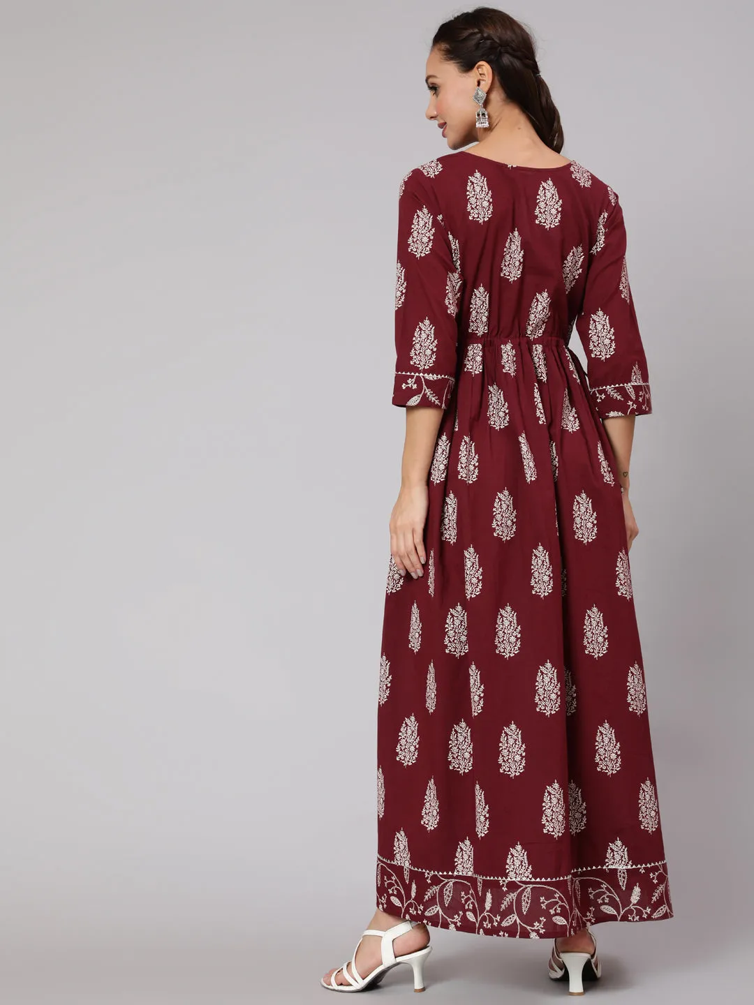 Women Maroon Ethnic Printed Gathered Dress With Three Quarter Sleeves