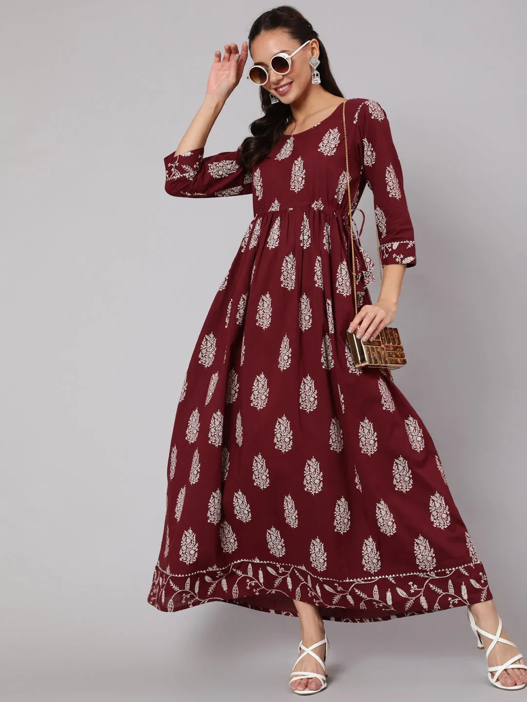 Women Maroon Ethnic Printed Gathered Dress With Three Quarter Sleeves