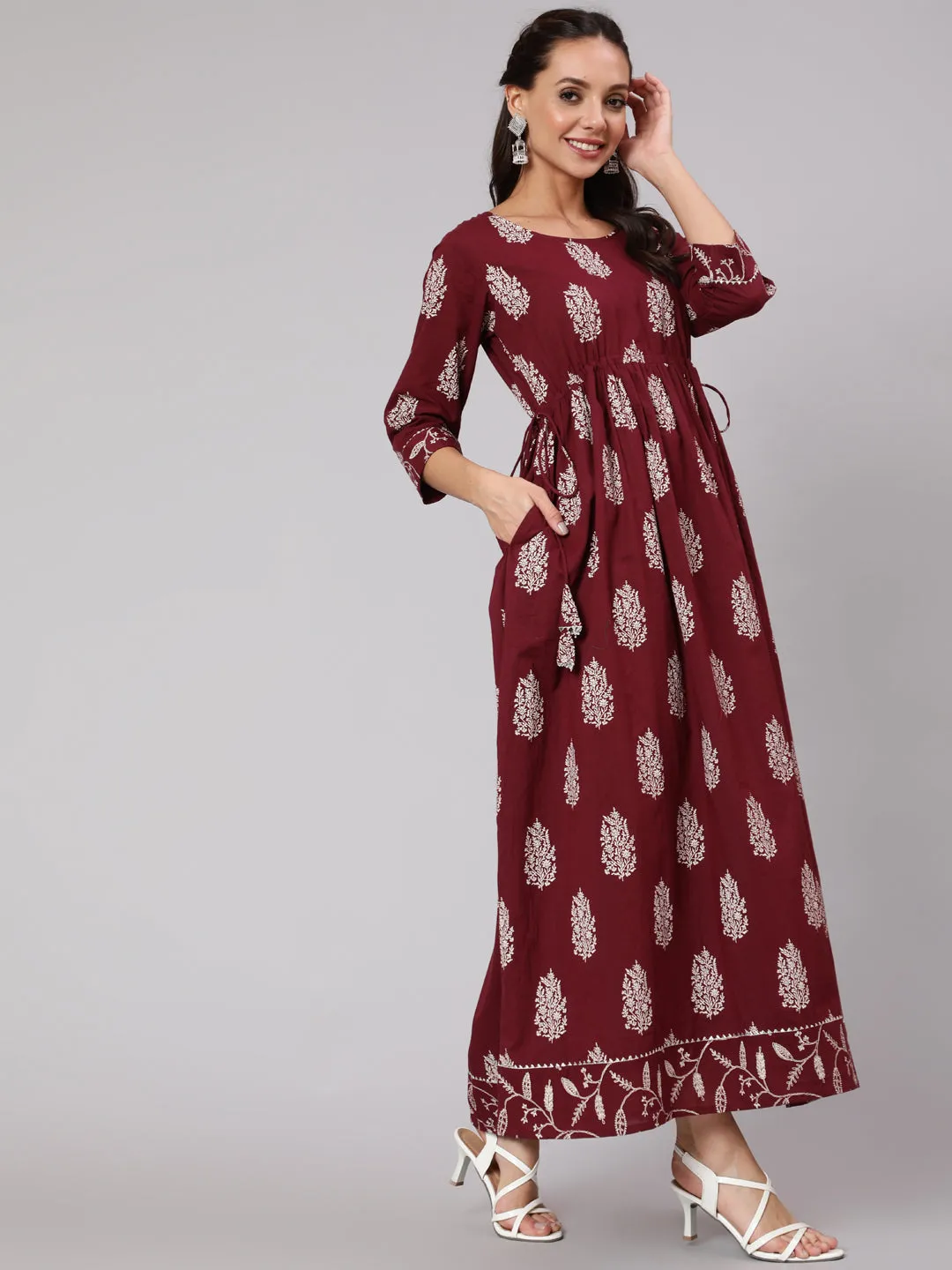 Women Maroon Ethnic Printed Gathered Dress With Three Quarter Sleeves