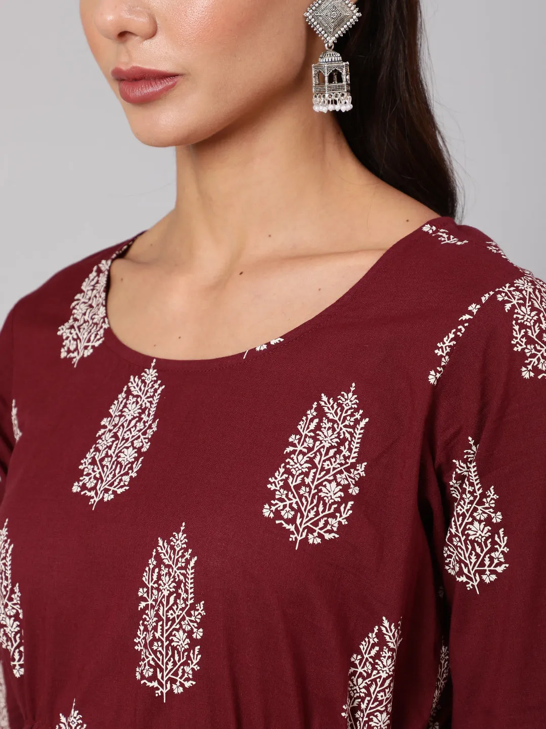 Women Maroon Ethnic Printed Gathered Dress With Three Quarter Sleeves