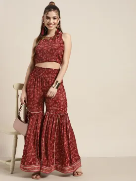 Women Maroon Floral Sharara Pants