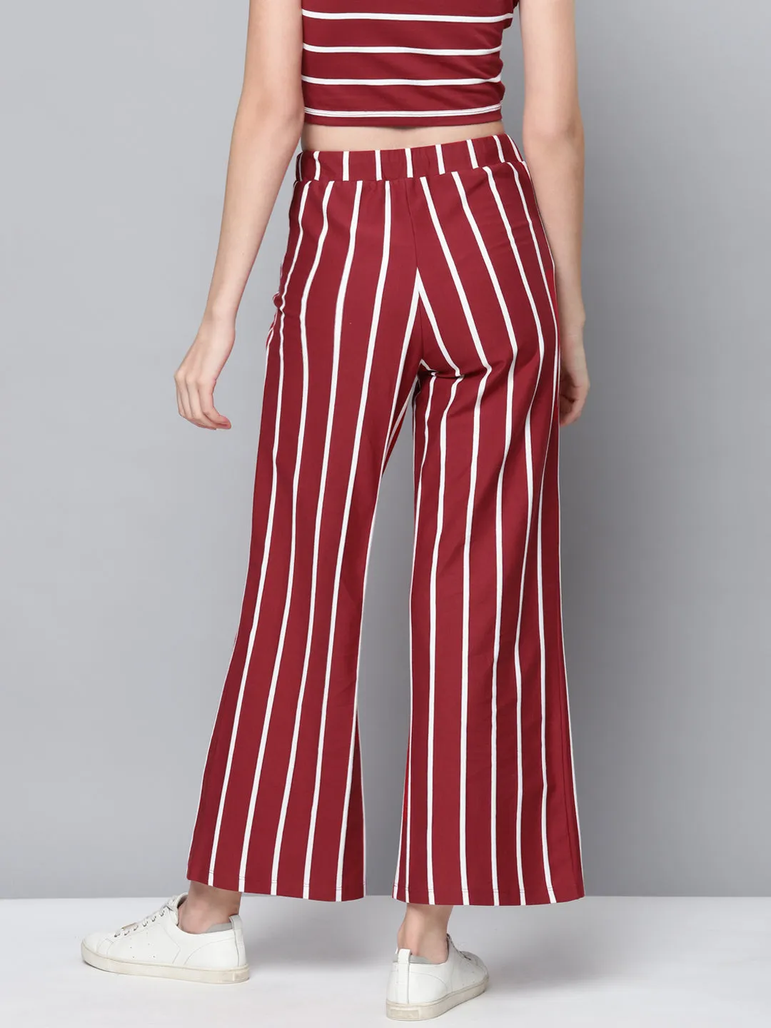 Women Maroon Stripes Drawstring Wide Leg Pants