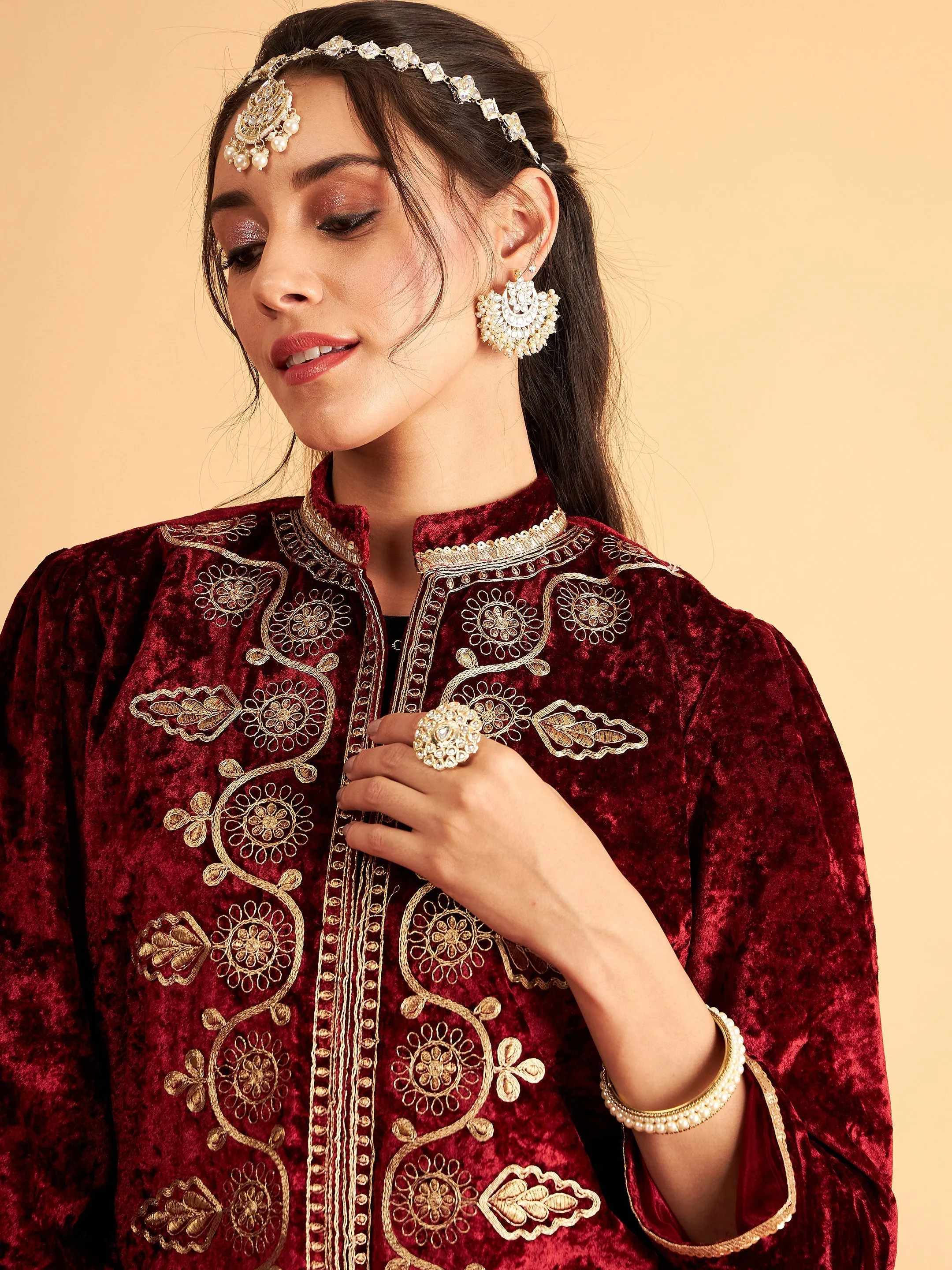 Women Maroon Velvet Front Embroidered Jacket