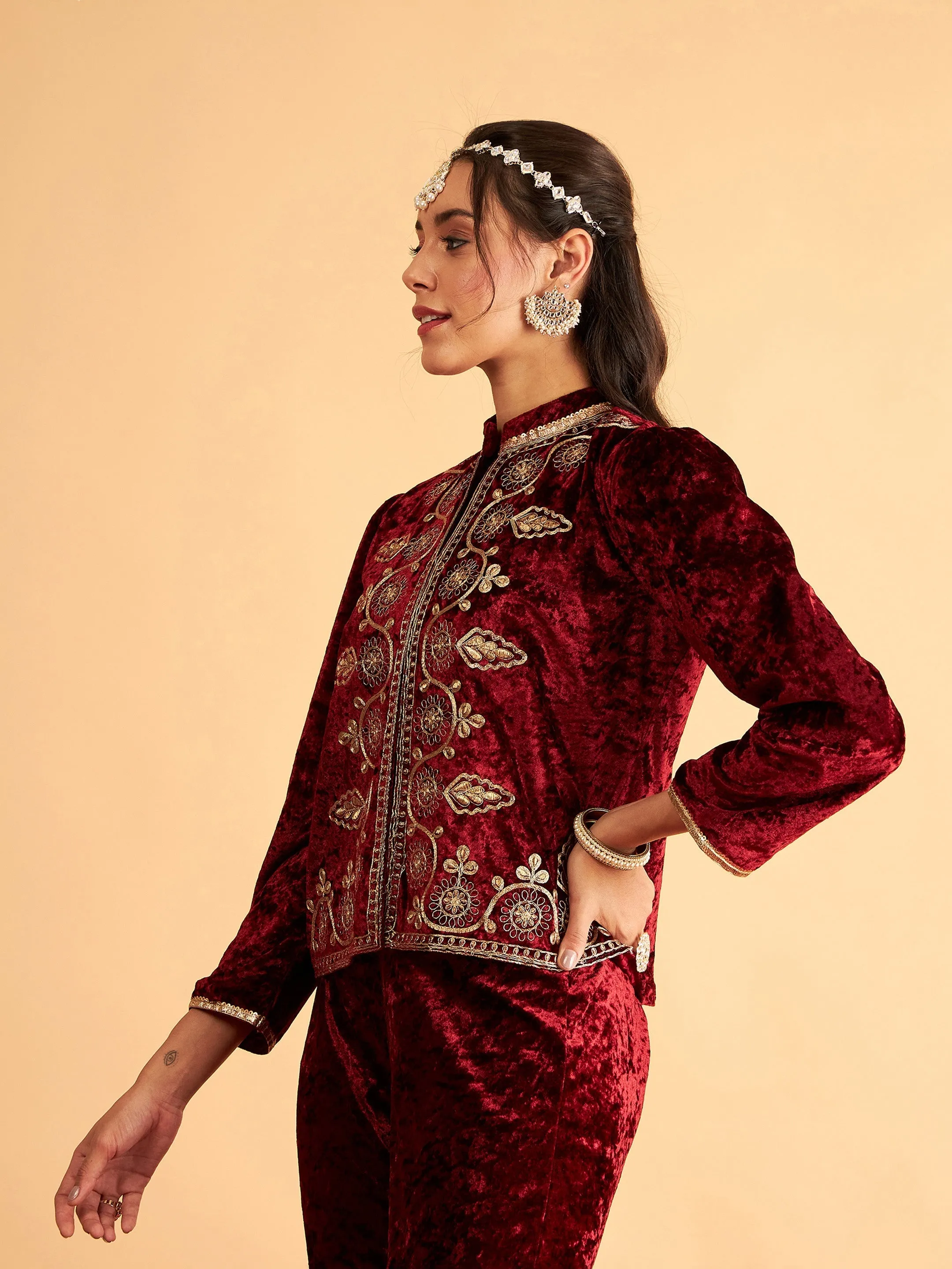 Women Maroon Velvet Front Embroidered Jacket