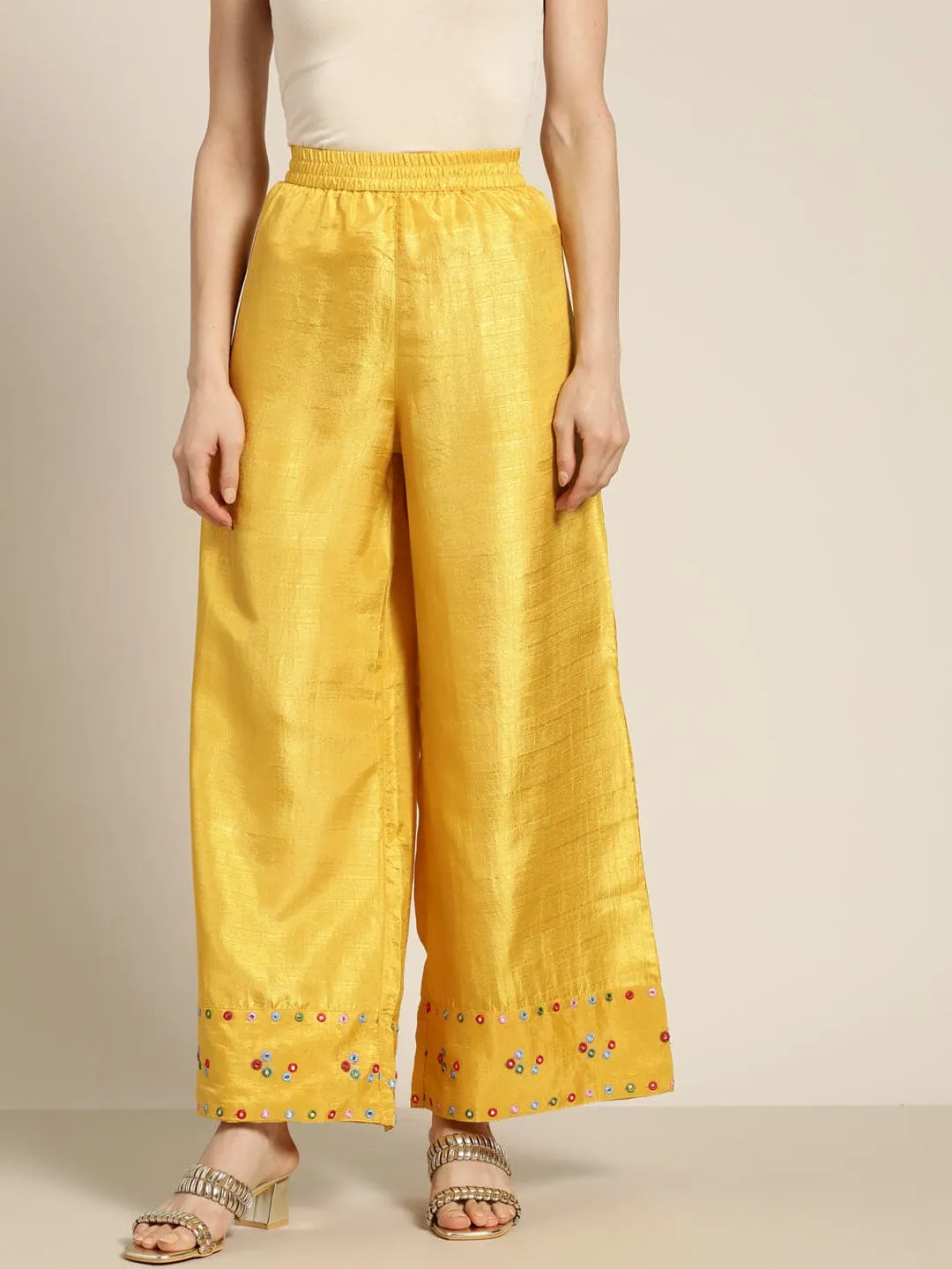 Women Mustard Mirror Embroidered Palazzo Pants