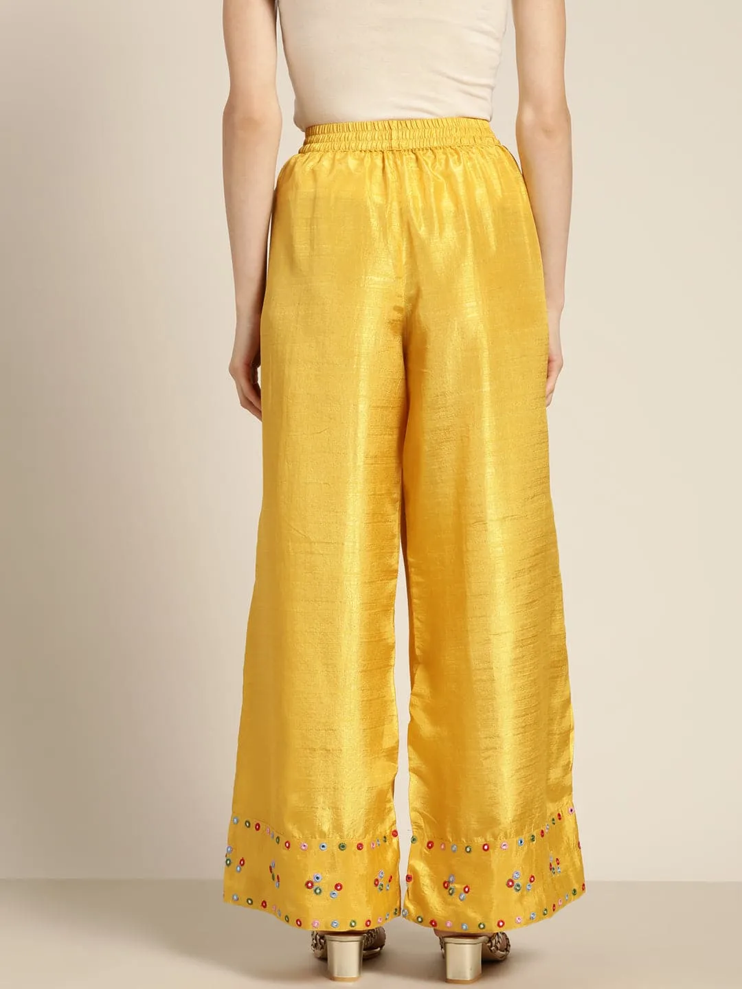 Women Mustard Mirror Embroidered Palazzo Pants