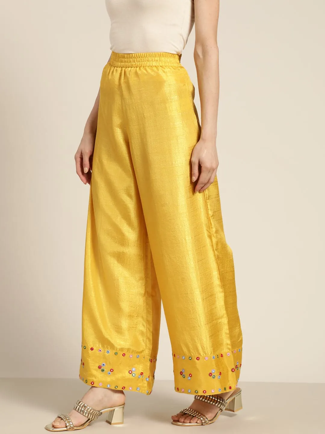 Women Mustard Mirror Embroidered Palazzo Pants