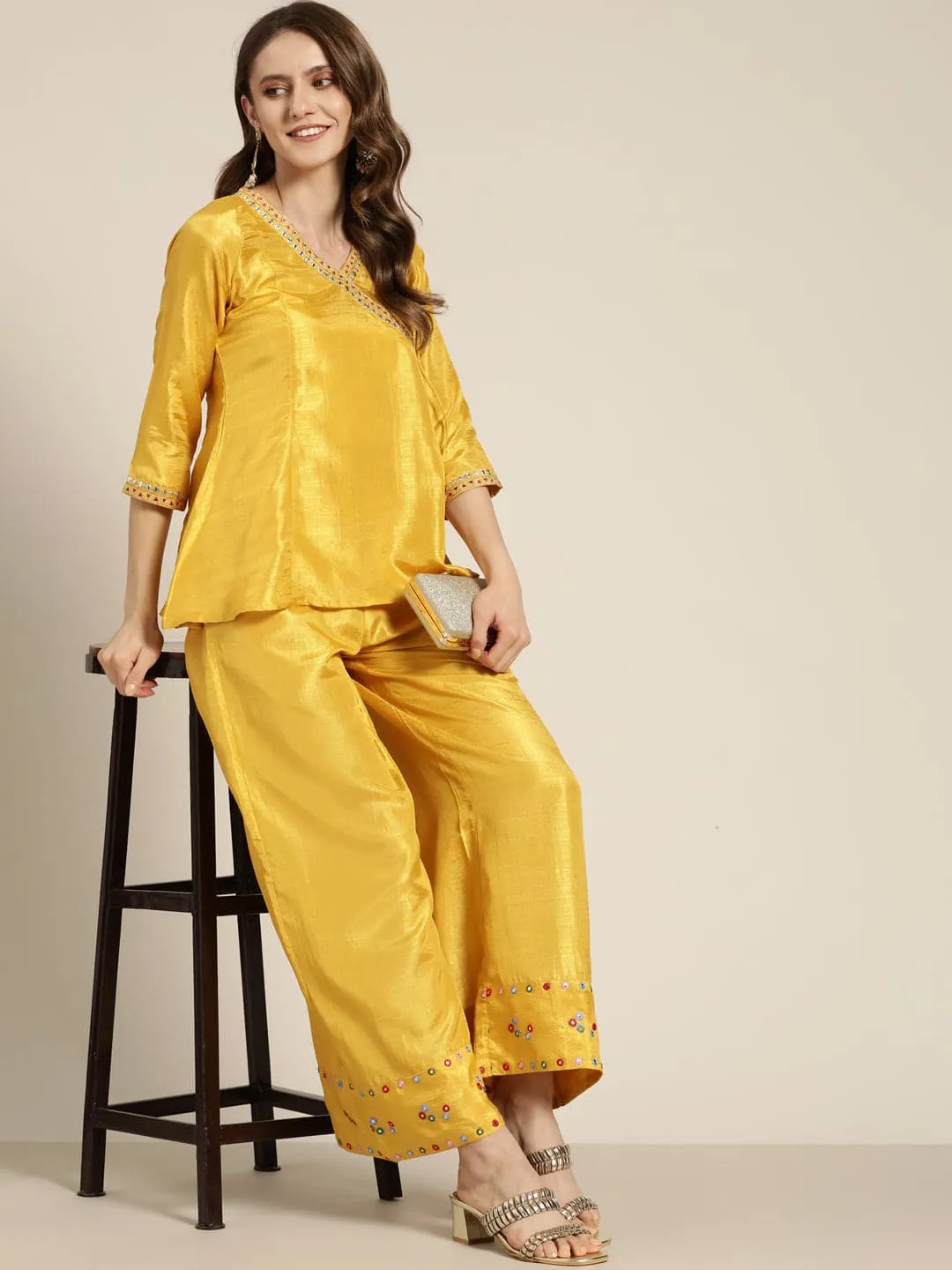 Women Mustard Mirror Embroidered Palazzo Pants