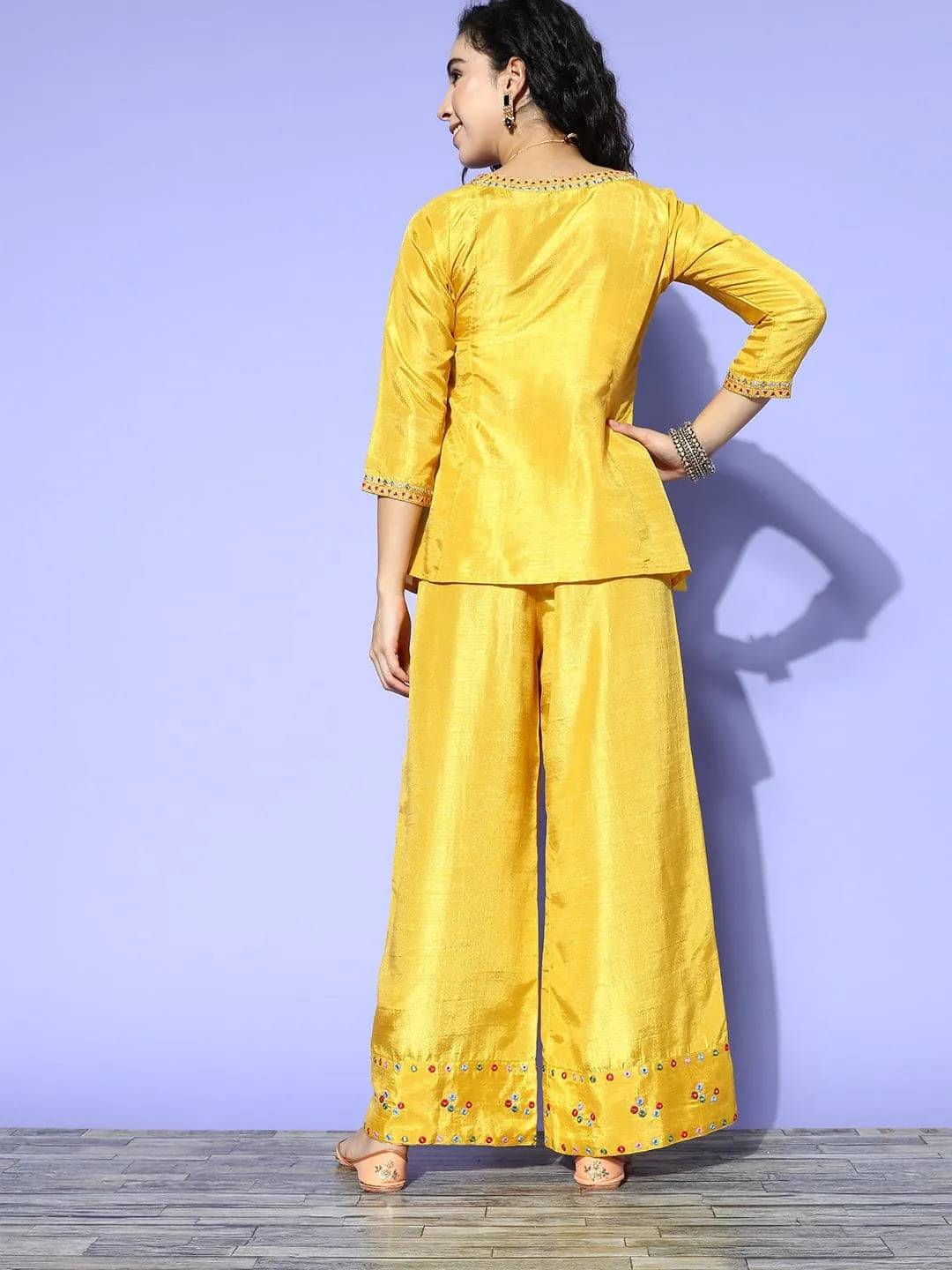 Women Mustard Mirror Embroidered Top With Palazzo Pants