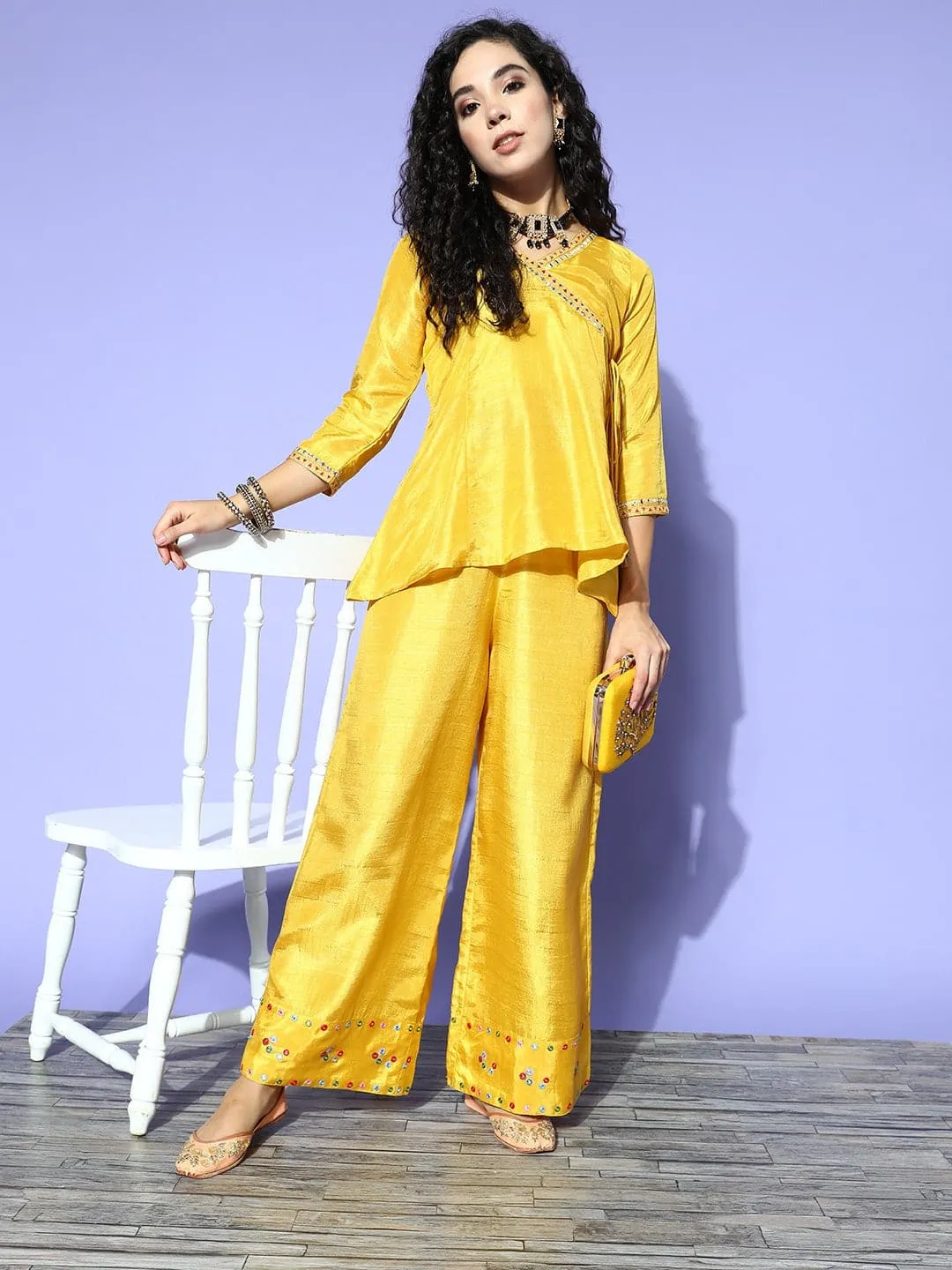 Women Mustard Mirror Embroidered Top With Palazzo Pants