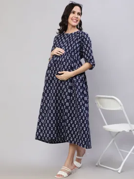 Women Navy Blue Printed Flared Maternity Dress