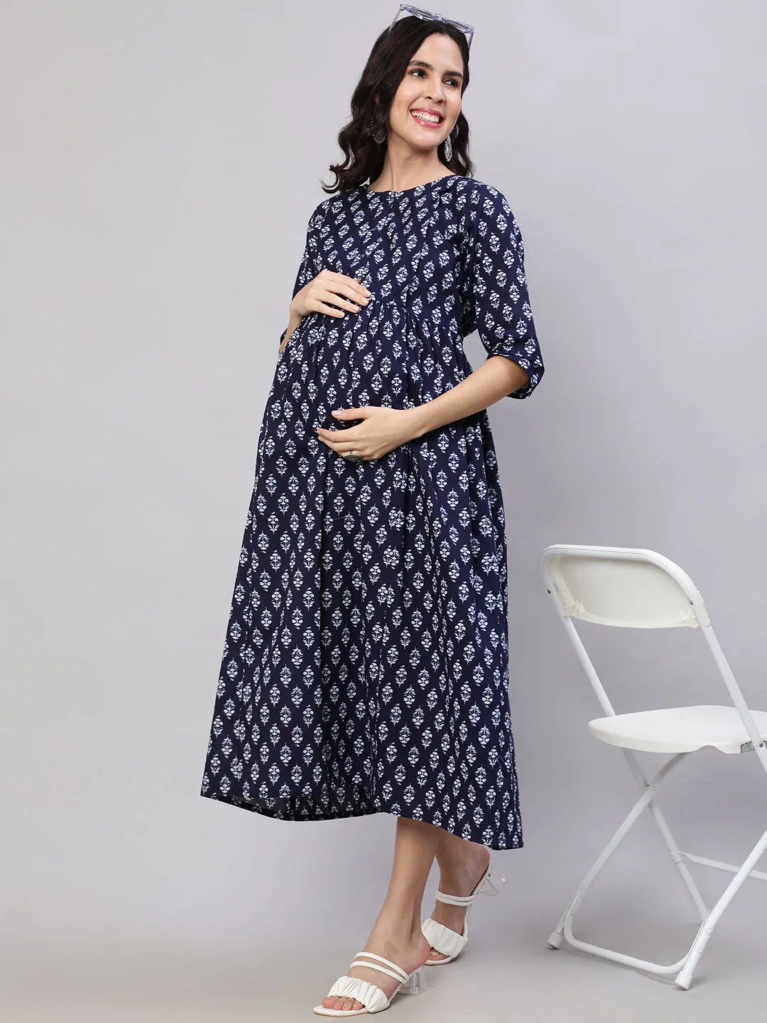 Women Navy Blue Printed Flared Maternity Dress