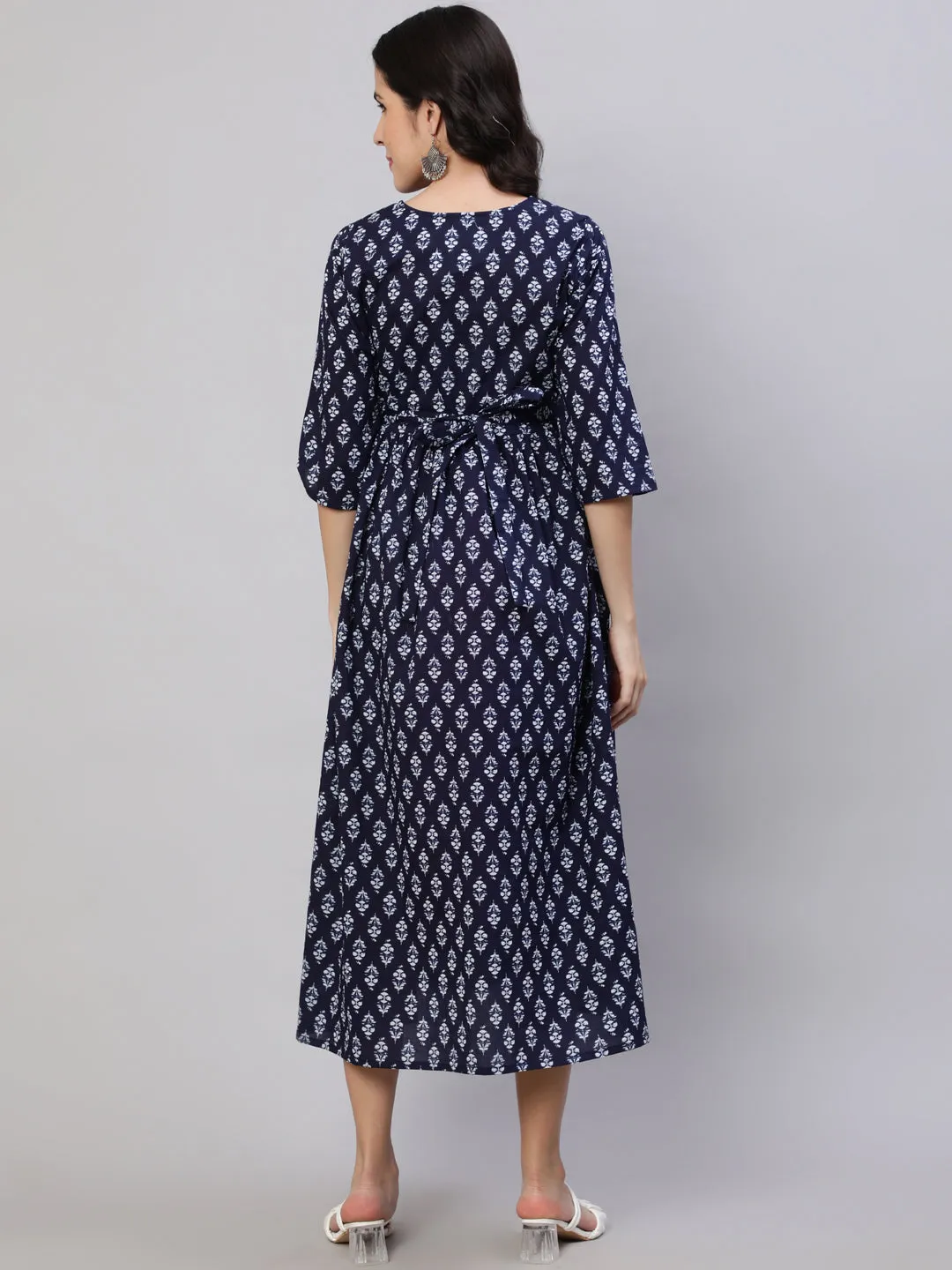 Women Navy Blue Printed Flared Maternity Dress