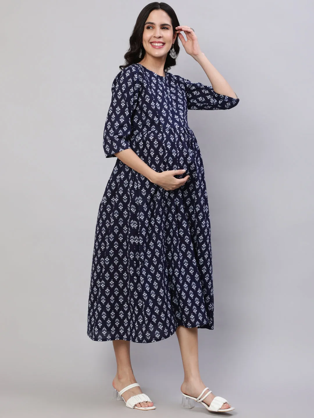 Women Navy Blue Printed Flared Maternity Dress