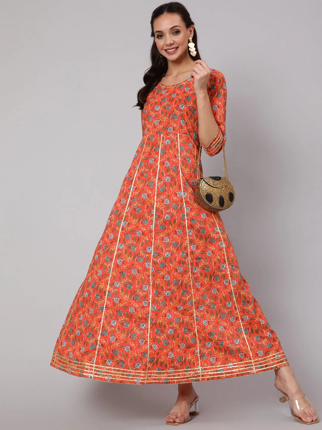 Women Orange Floral Printed Flared Dress With Three Quarter Sleeves