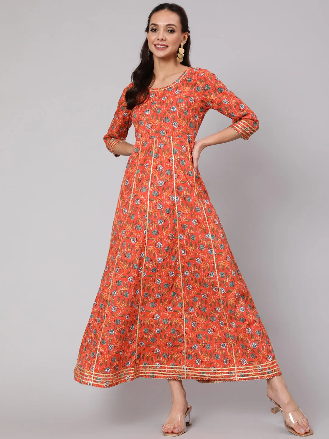 Women Orange Floral Printed Flared Dress With Three Quarter Sleeves