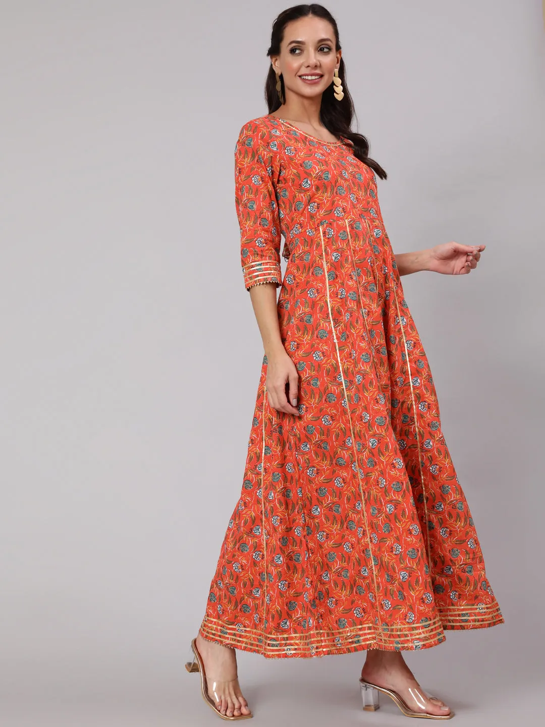 Women Orange Floral Printed Flared Dress With Three Quarter Sleeves