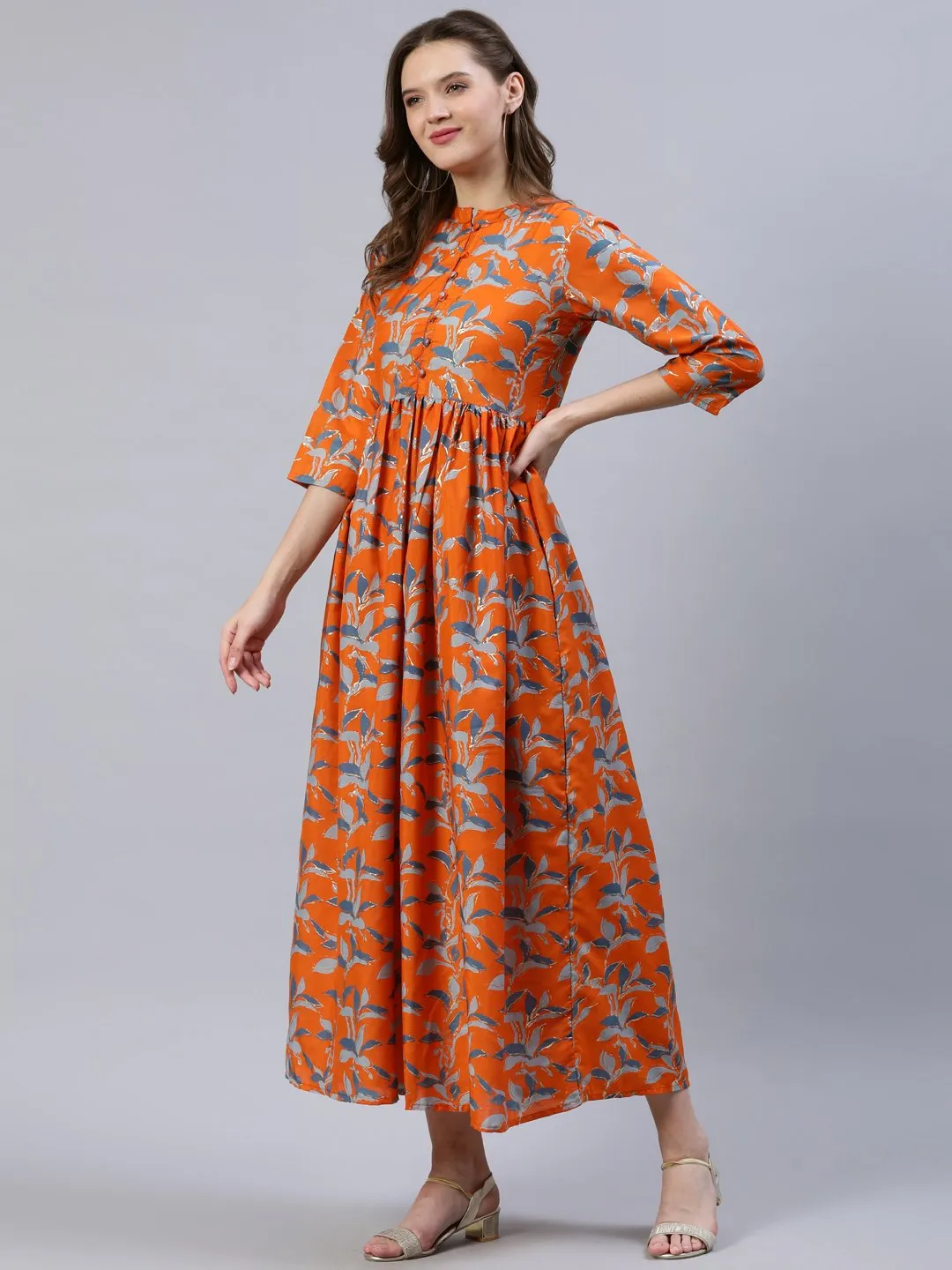 Women  Orange Printed Dress With Three Quarter Sleeves