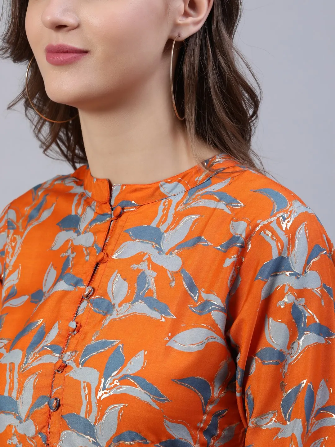 Women  Orange Printed Dress With Three Quarter Sleeves