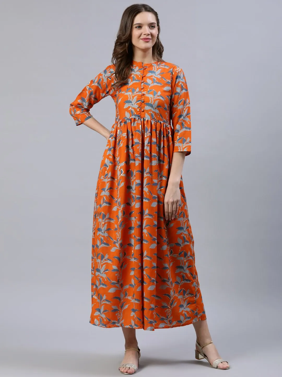 Women  Orange Printed Dress With Three Quarter Sleeves