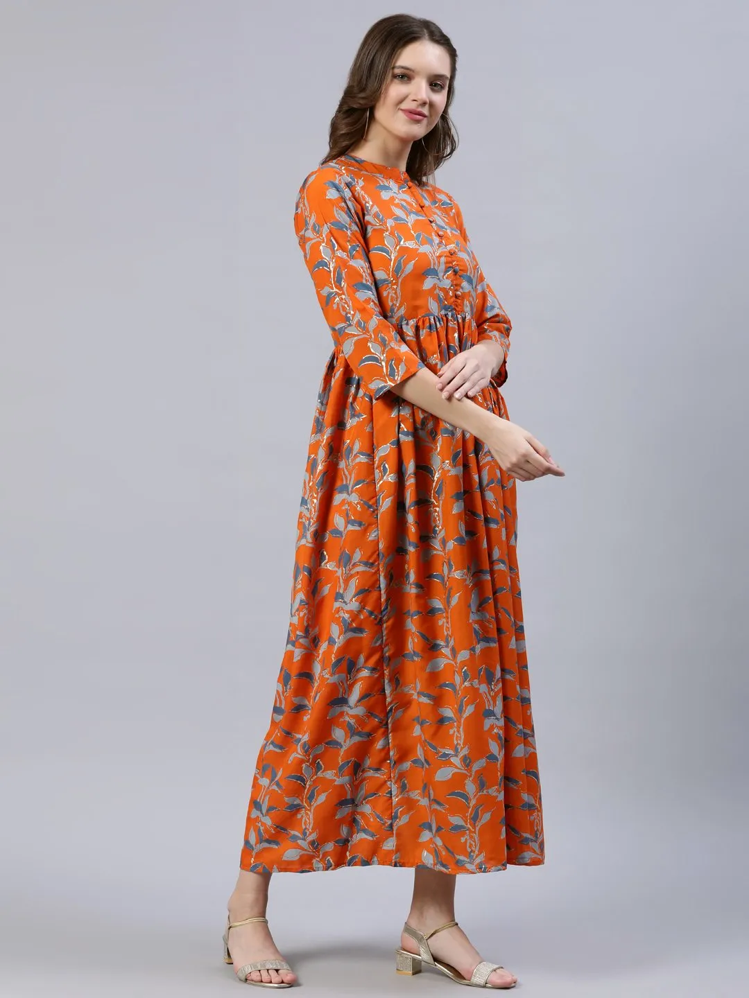 Women  Orange Printed Dress With Three Quarter Sleeves