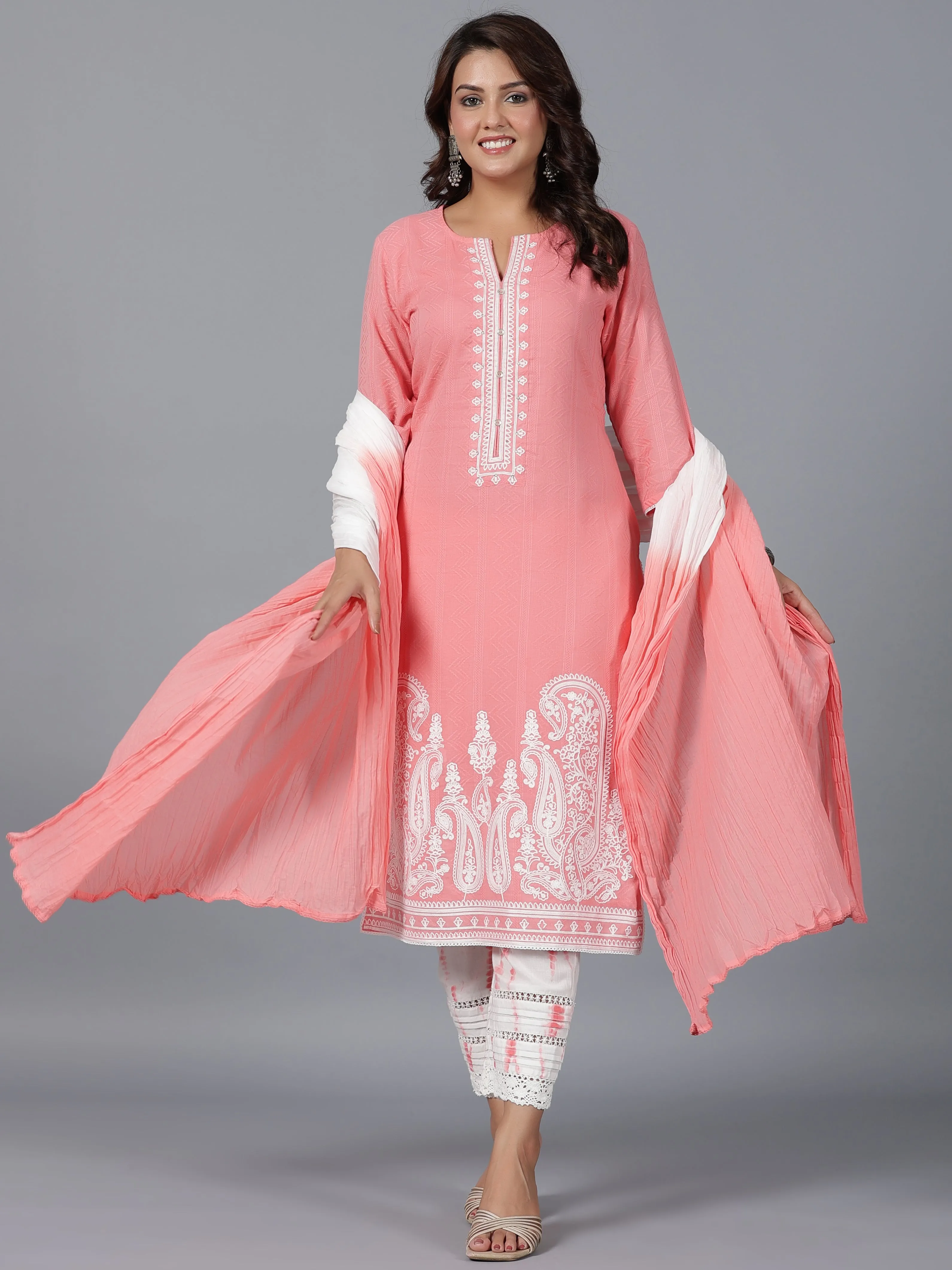 Women Peach Cotton Dobby Embroidered Kurta, Pants & Dupatta Set