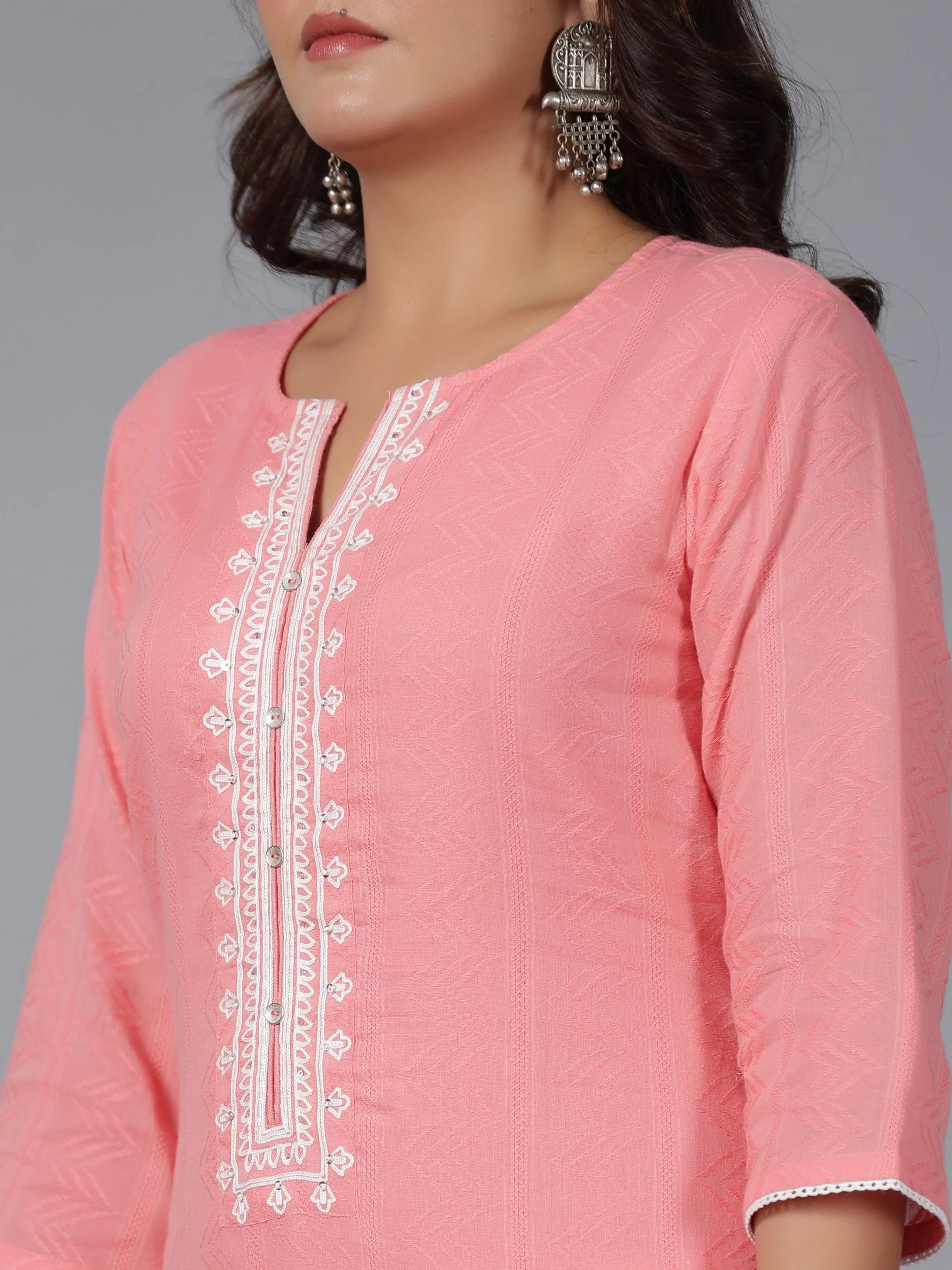 Women Peach Cotton Dobby Embroidered Kurta, Pants & Dupatta Set