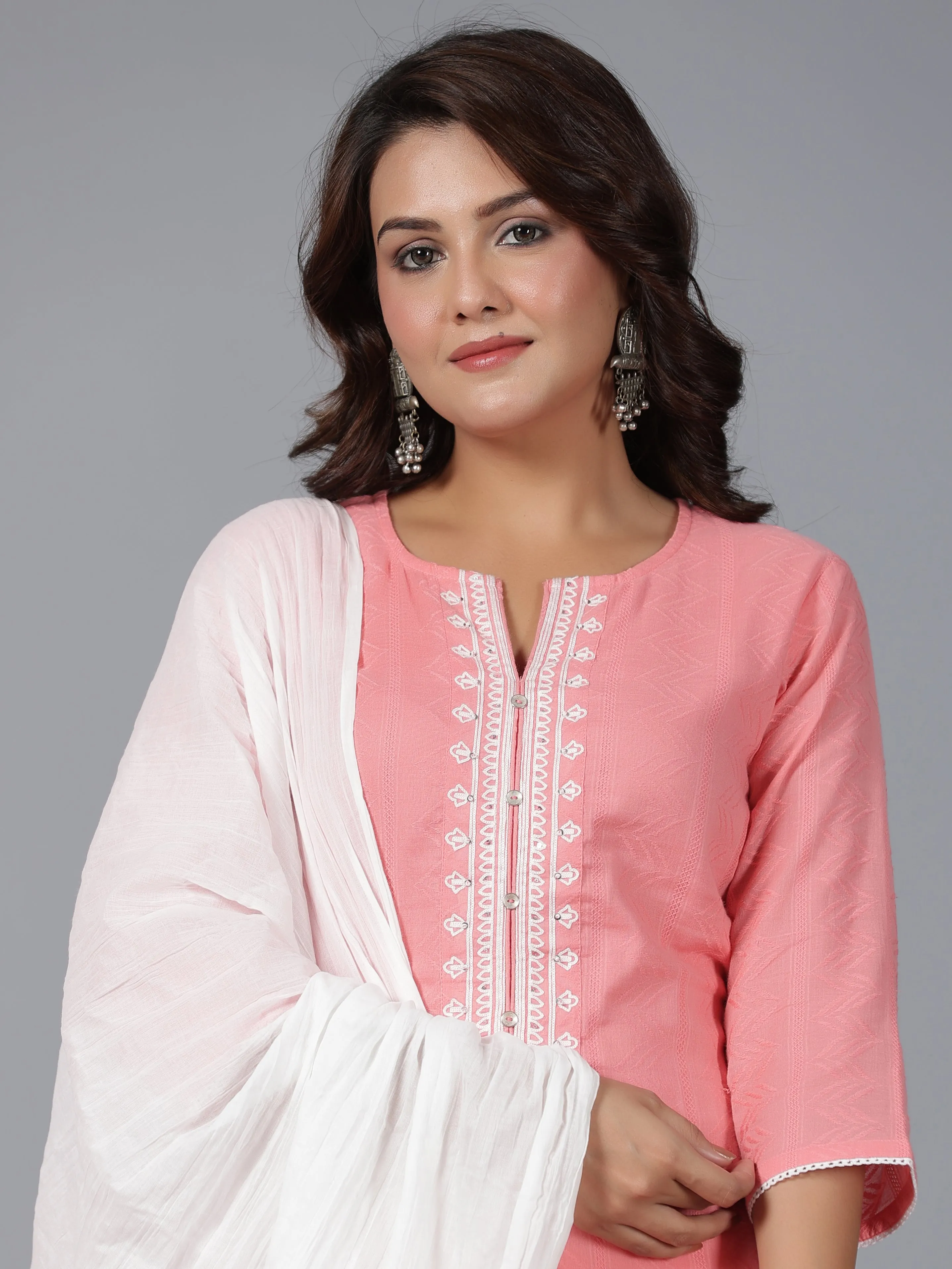 Women Peach Cotton Dobby Embroidered Kurta, Pants & Dupatta Set