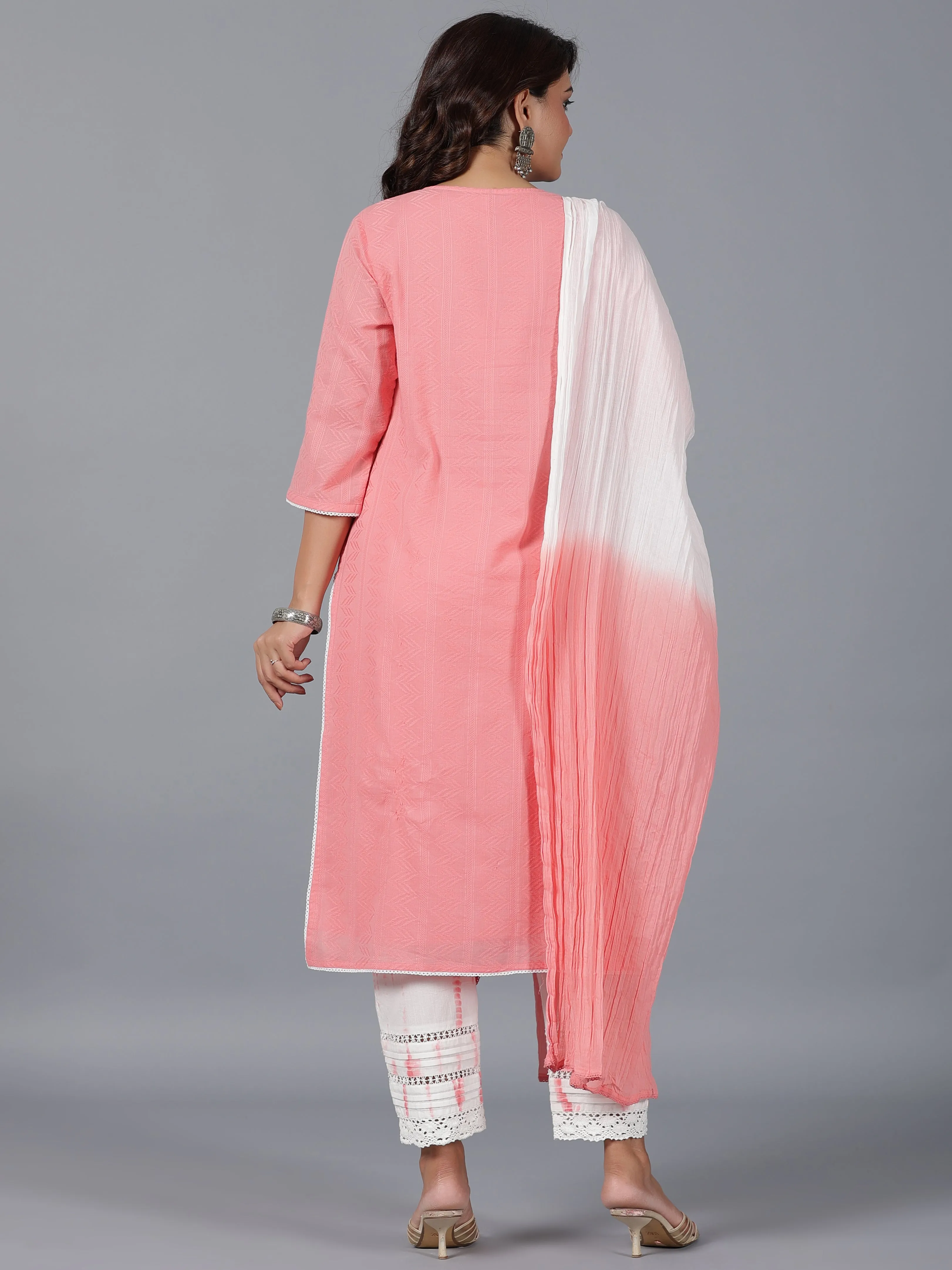 Women Peach Cotton Dobby Embroidered Kurta, Pants & Dupatta Set