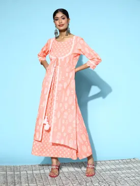 Women Peach Printed Cotton A Line Dress With Attached Shrug