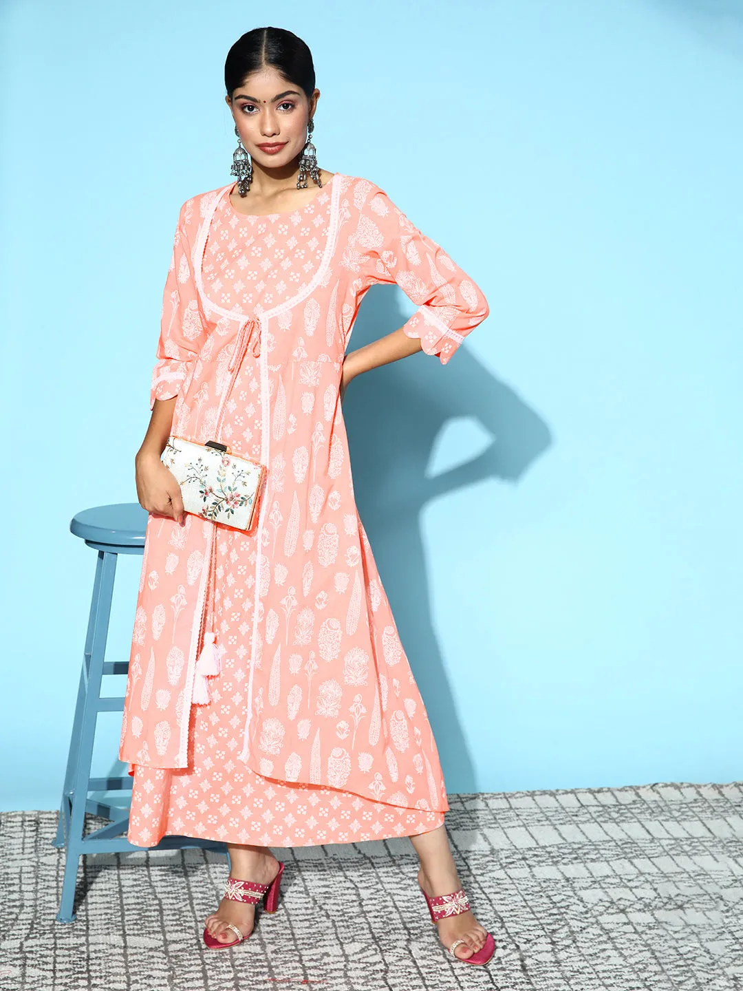 Women Peach Printed Cotton A Line Dress With Attached Shrug