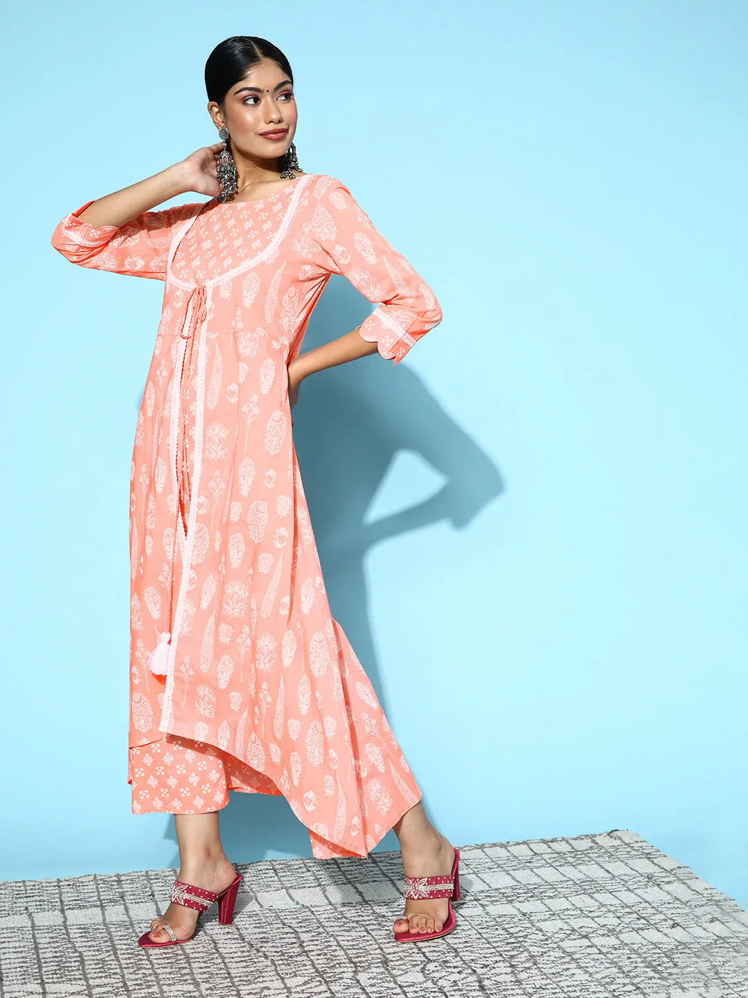 Women Peach Printed Cotton A Line Dress With Attached Shrug