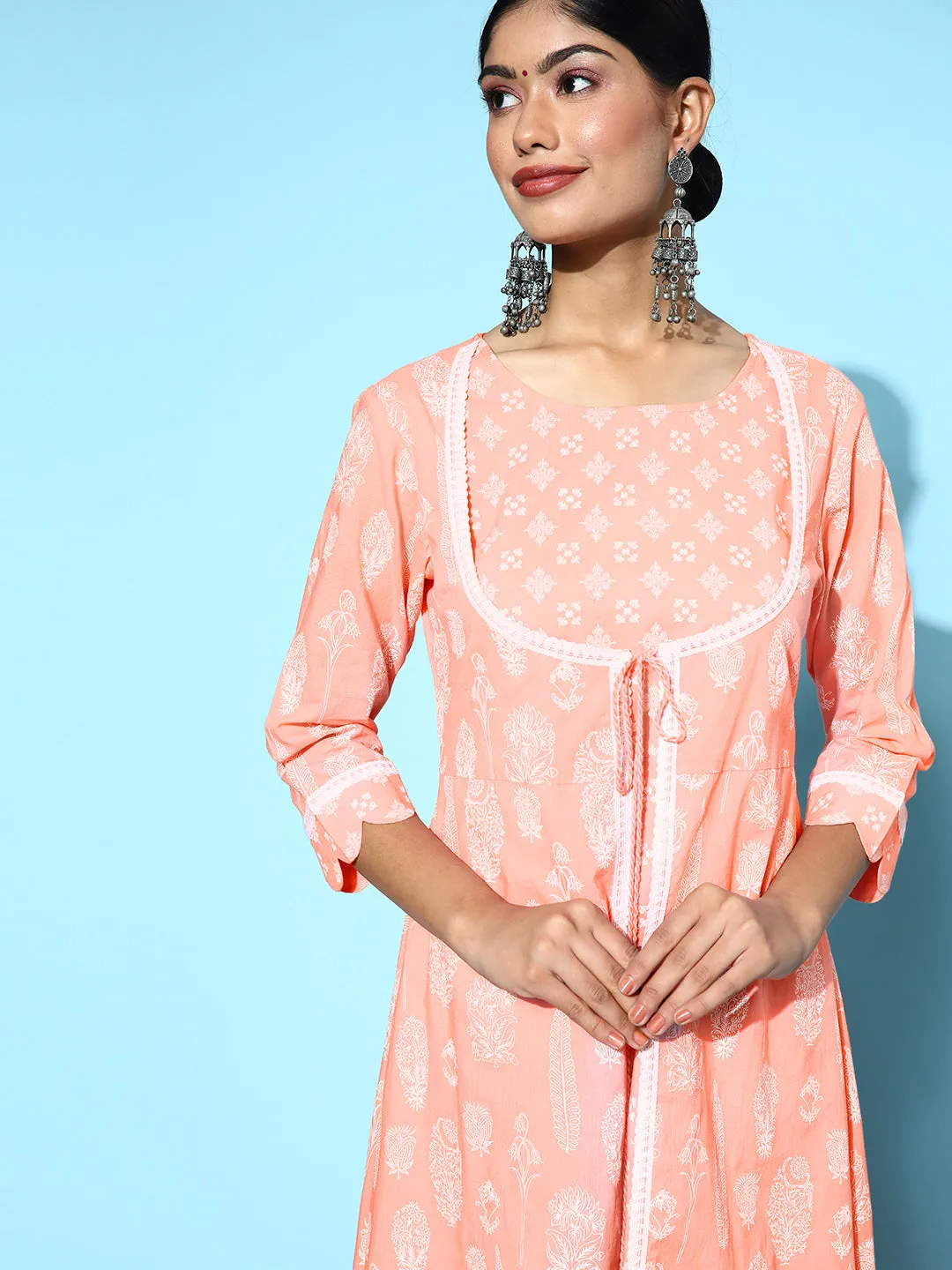 Women Peach Printed Cotton A Line Dress With Attached Shrug