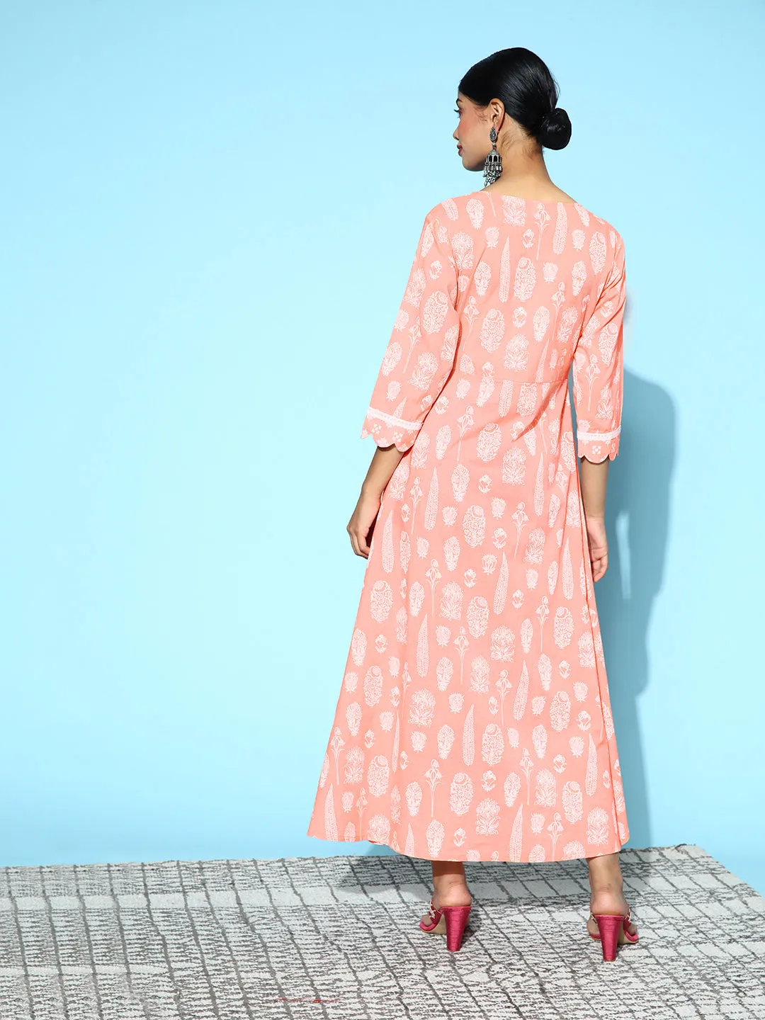 Women Peach Printed Cotton A Line Dress With Attached Shrug