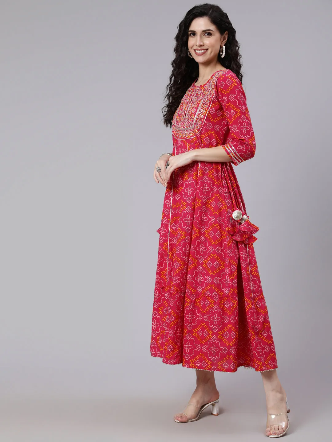 Women Pink Embroidered Flared Dress With Tesals Details