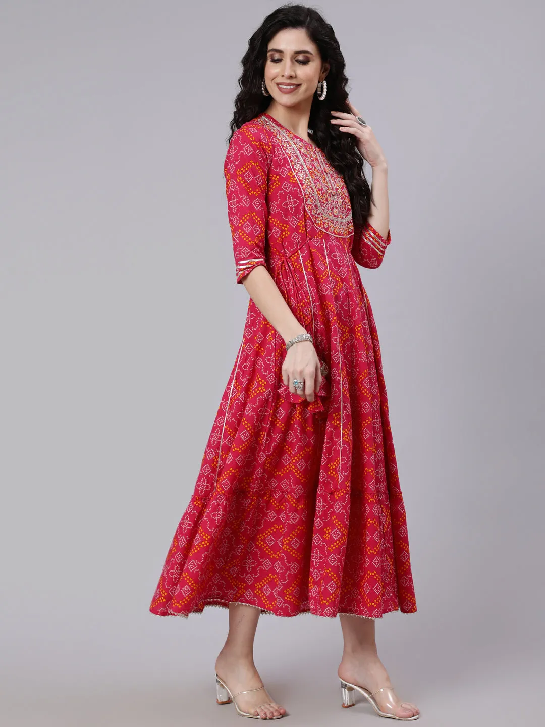 Women Pink Embroidered Flared Dress With Tesals Details