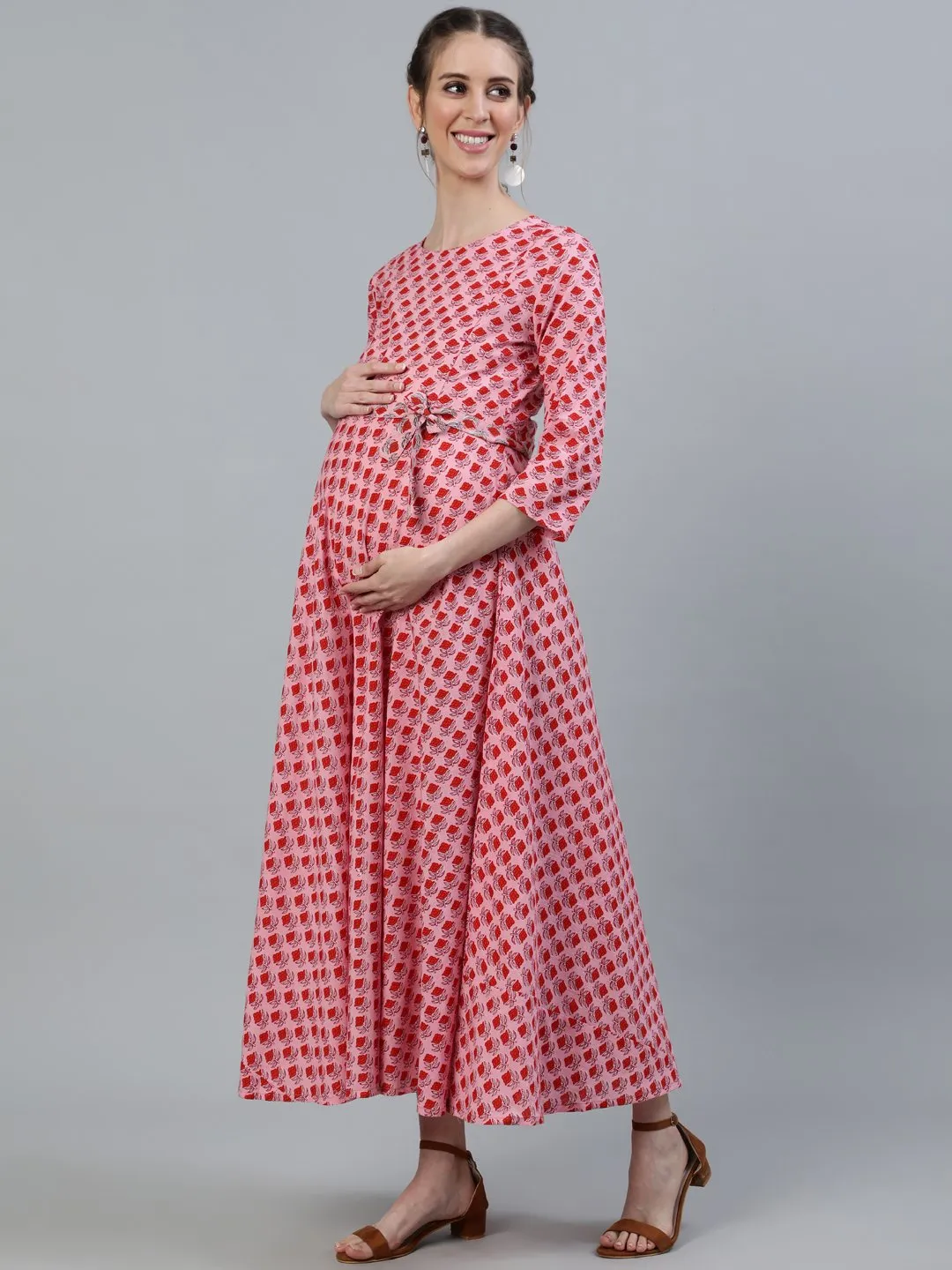 Women Pink Printed Maternity Dress With Three Quarter Sleeves