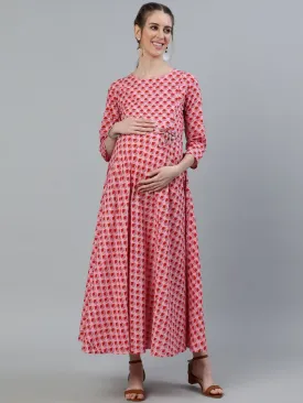 Women Pink Printed Maternity Dress With Three Quarter Sleeves