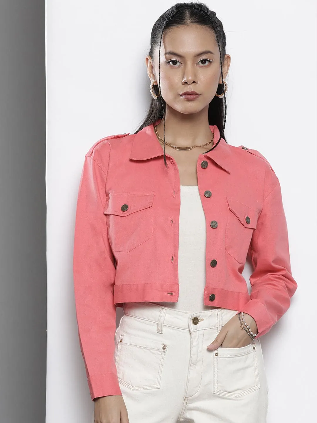 Women Pink Twill Crop Jacket