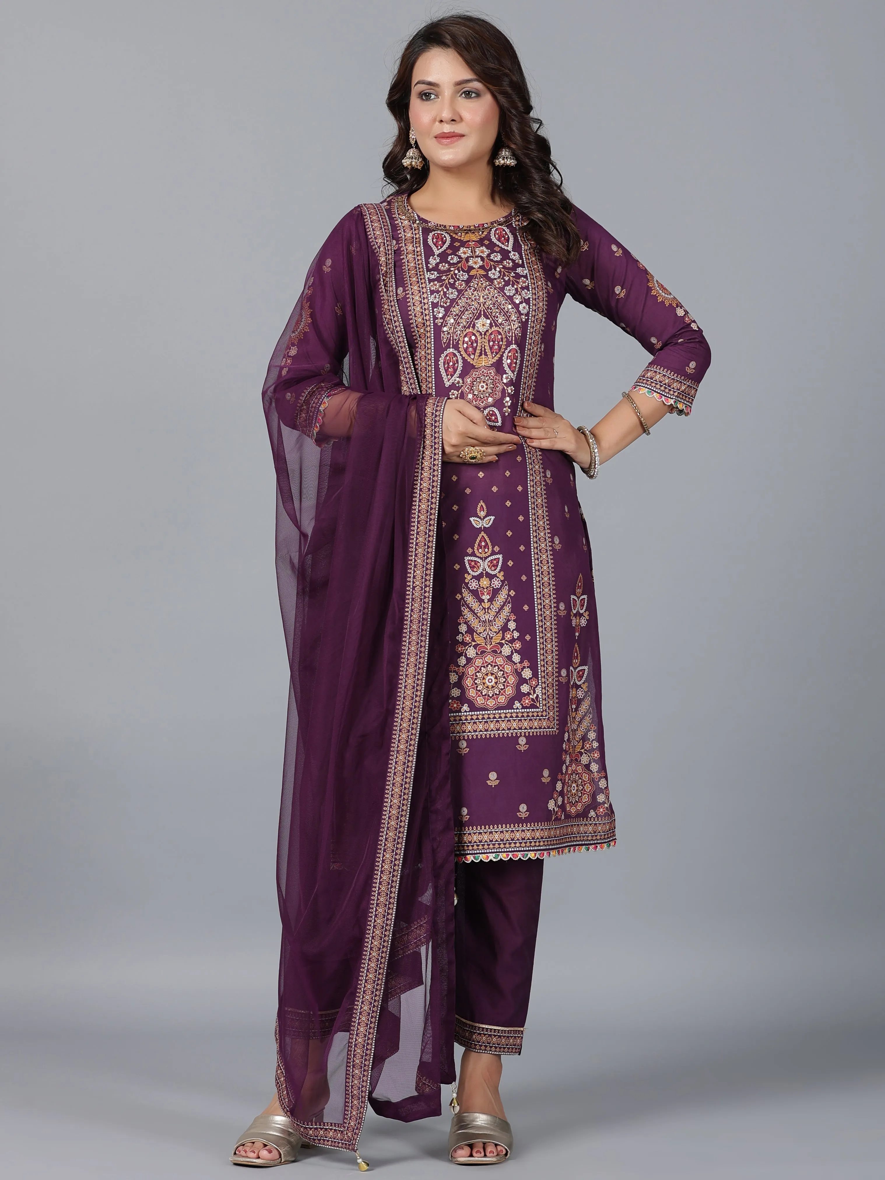 Women Purple Chanderi Printed Kurta Pants & Dupatta Set