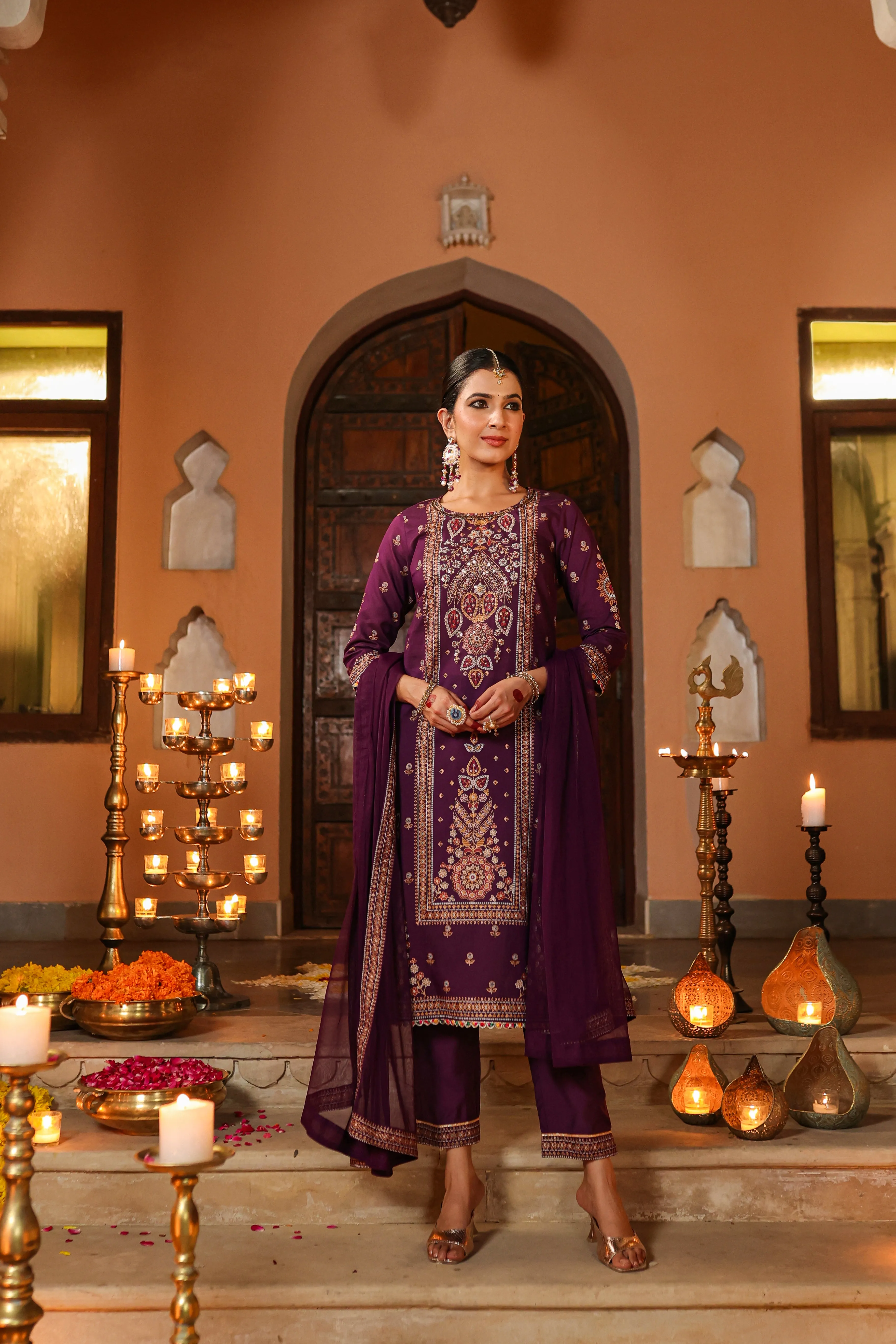 Women Purple Chanderi Printed Kurta Pants & Dupatta Set