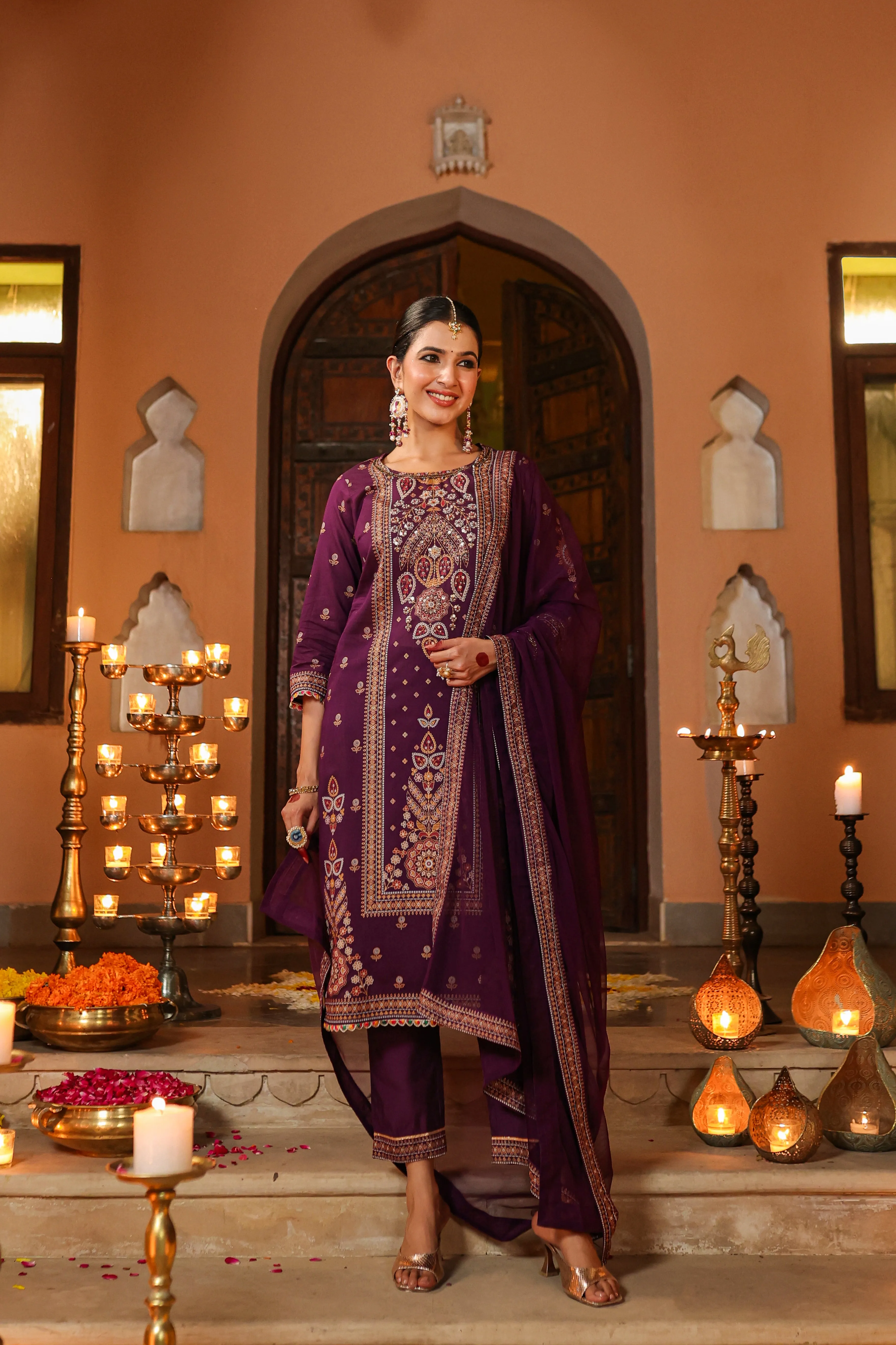 Women Purple Chanderi Printed Kurta Pants & Dupatta Set