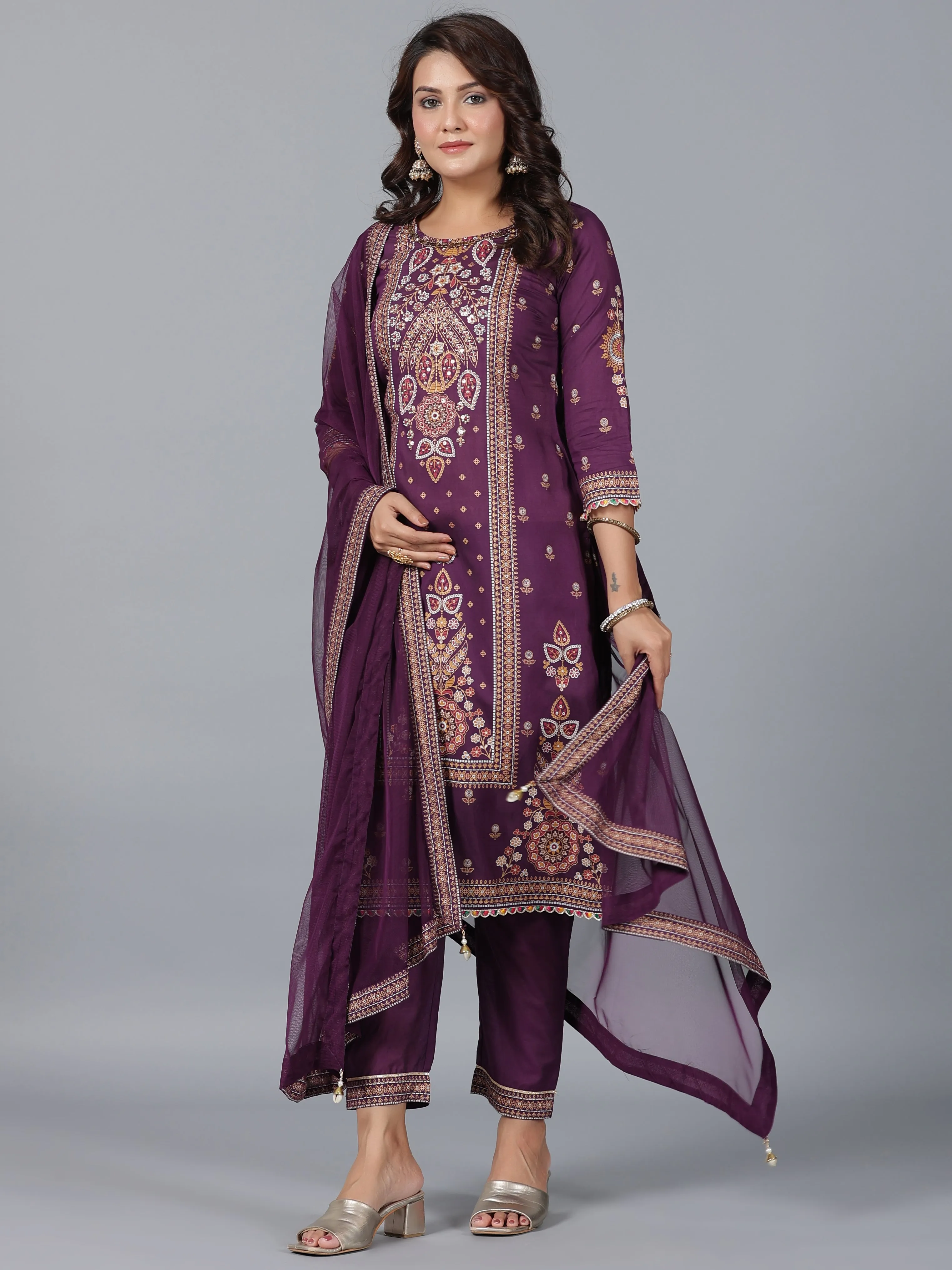 Women Purple Chanderi Printed Kurta Pants & Dupatta Set